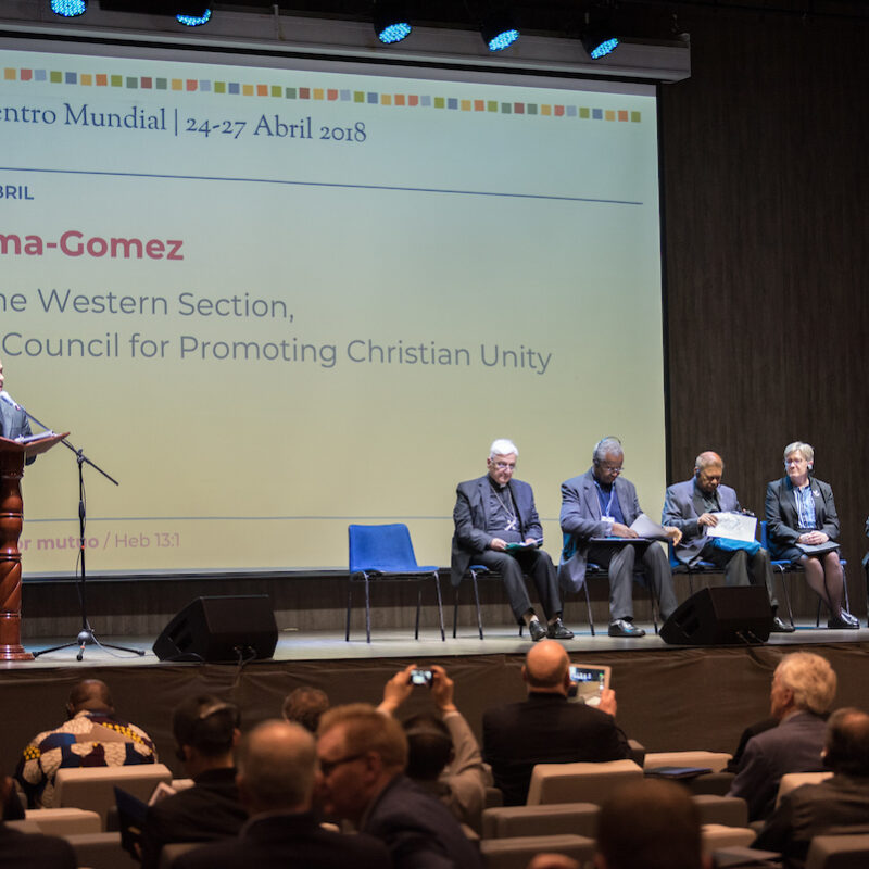 26 April 2018, Bogotá, Colombia: The Global Christian Forum gathers in Bogotá on 24-27 April 2018 under the theme of "Let mutual love continue". Here, plenary session on Envisioning the Journey Ahead. Juan Uzma-Gomez from the Pontifical Council for Promoting Christian Unity delivers a message to the GCF from Pope Francis.